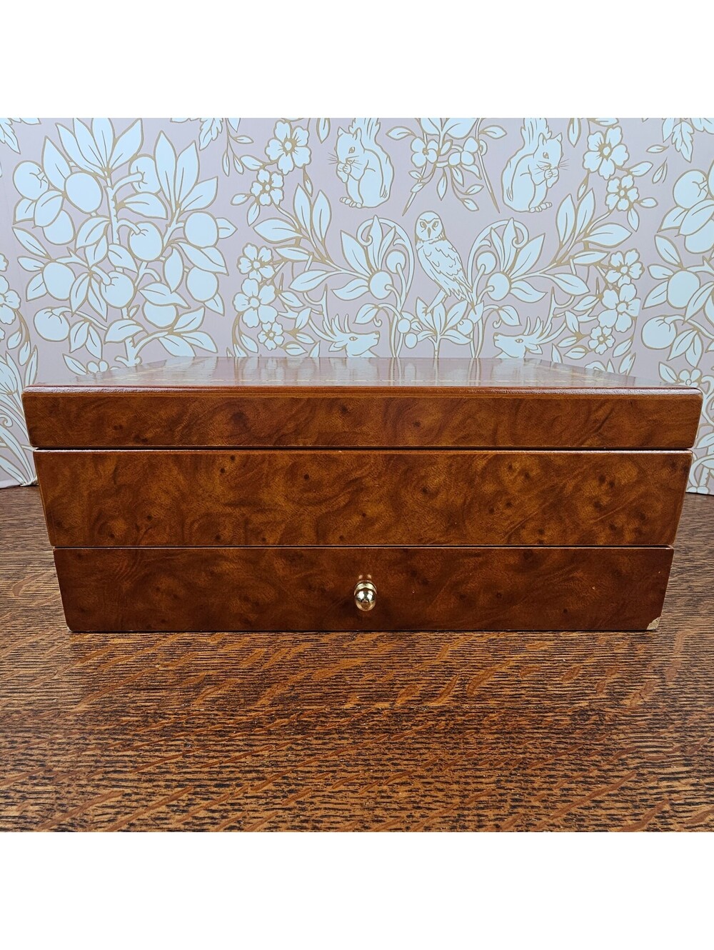 Vintage Burl Wood Jewelry Box Inlaid Lid Drawer Necklace Hooks 11" x 7.5"